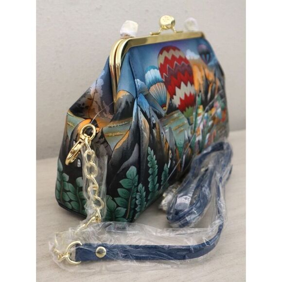 Anuschka Hot Air Balloon Hand-Painted Leather Kiss Lock Clutch Crossbody Bag - Picture 10 of 11